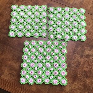 Vintage Bundle of 3 Crochet floral front panel pillow covers Green Pink